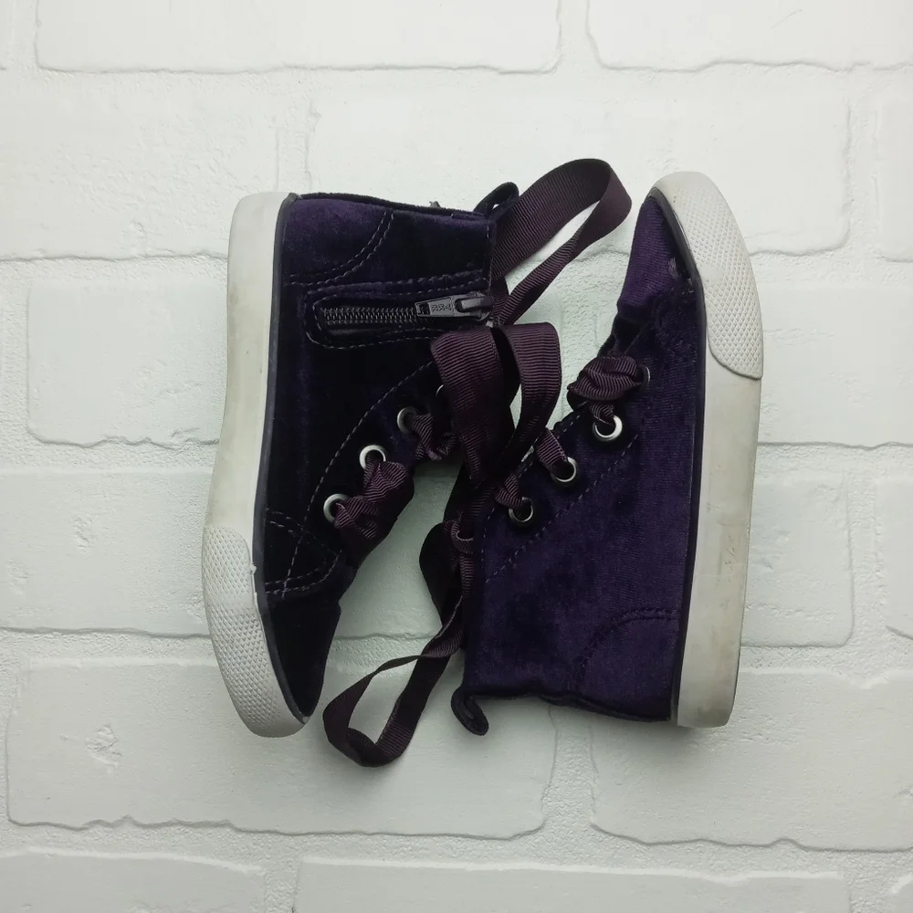 Cat & Jack girls size 8 dark purple velour uppers hi-top ribbon tie lace shoes